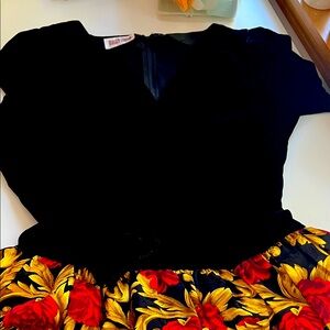 Vintage Maggy London Black Velvet Dress with flowy skirt with Floral Accents.